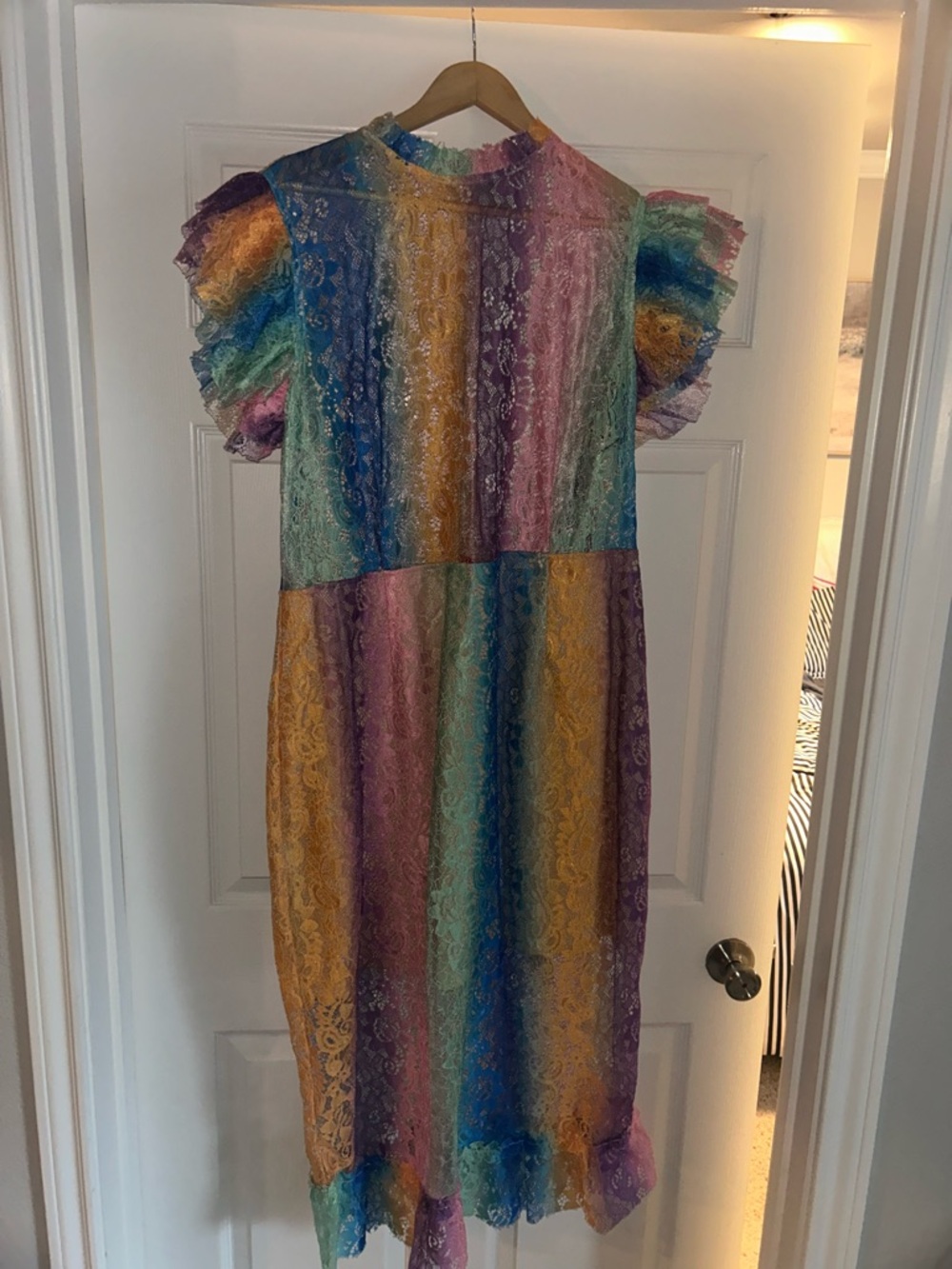 Curvy Rainbow Lace Midi Dress with Ruffle Sleeves - Multicolor - Picture 8 of 10